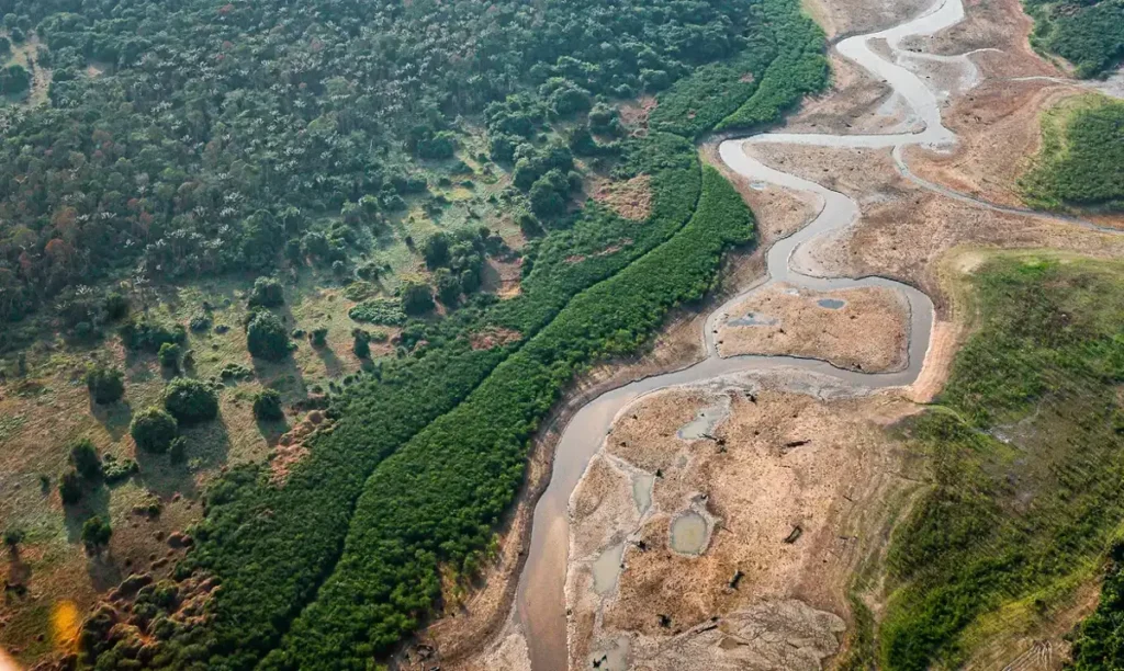 Vista aérea da Amazônia com vegetação densa, um rio serpenteando e áreas de terra seca, representando a biodiversidade da região.