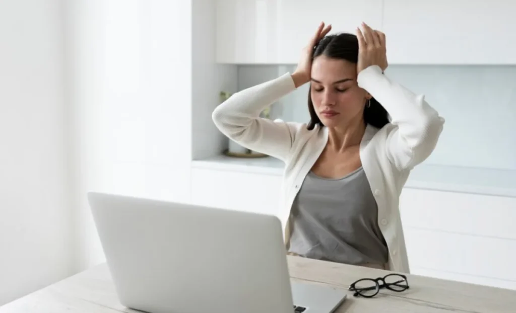 Mulher mostrando sinais de estresse no trabalho enquanto usa o computador.