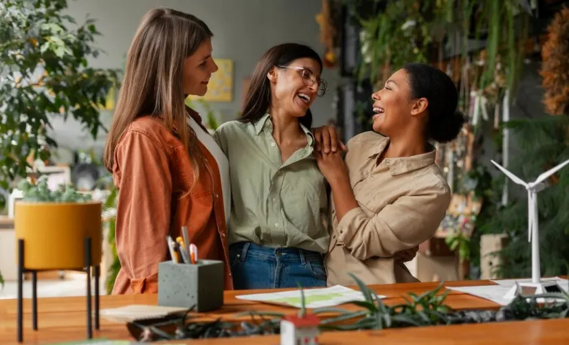 Três pessoas sorrindo e interagindo de forma amigável em um ambiente de trabalho saudável e positivo.