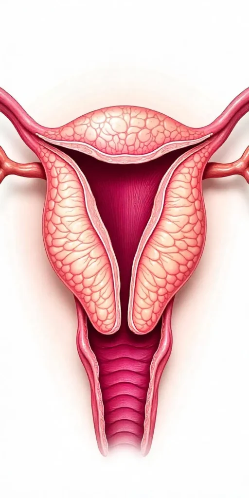 Ilustração detalhada do útero, destacando sua anatomia interna, com foco na estrutura do endométrio e outras camadas.