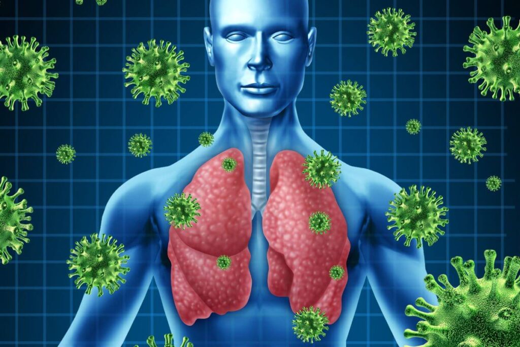 Representação dos pulmões humanos sendo infectados por vírus respiratórios