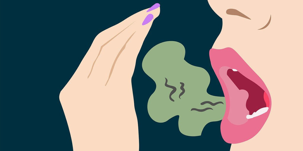 Ilustração de uma pessoa cobrindo a boca, com um sinal de mau hálito visível saindo de sua boca.