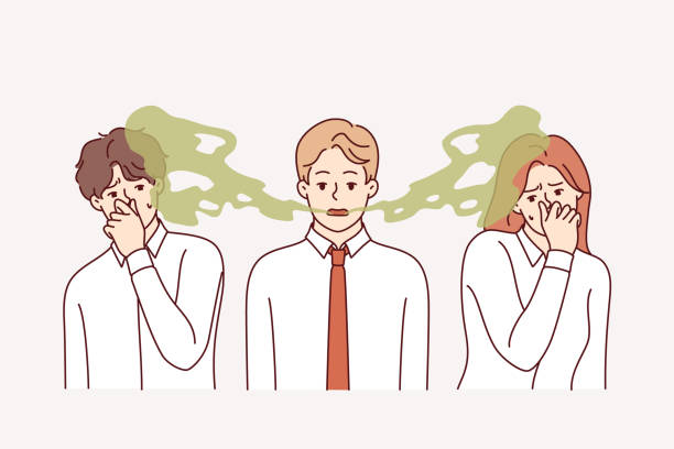 Ilustração de três pessoas, uma com mau hálito, enquanto as outras duas estão tampando o nariz devido ao cheiro desagradável.